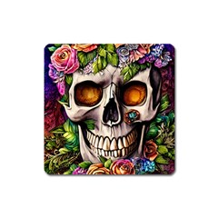 Gothic Skull With Flowers - Cute And Creepy Square Magnet by GardenOfOphir