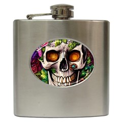 Gothic Skull With Flowers - Cute And Creepy Hip Flask (6 Oz) by GardenOfOphir