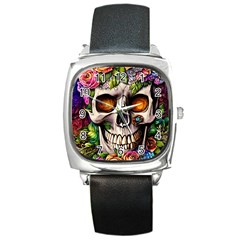 Gothic Skull With Flowers - Cute And Creepy Square Metal Watch by GardenOfOphir