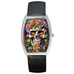 Gothic Skull With Flowers - Cute And Creepy Barrel Style Metal Watch by GardenOfOphir