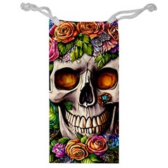 Gothic Skull With Flowers - Cute And Creepy Jewelry Bag by GardenOfOphir