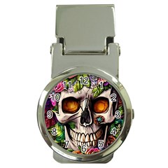 Gothic Skull With Flowers - Cute And Creepy Money Clip Watches by GardenOfOphir