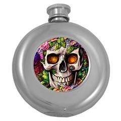 Gothic Skull With Flowers - Cute And Creepy Round Hip Flask (5 Oz) by GardenOfOphir