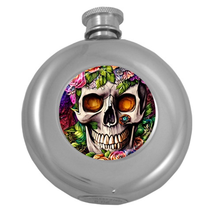 Gothic Skull With Flowers - Cute And Creepy Round Hip Flask (5 oz)