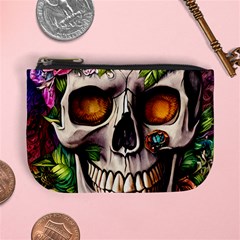 Gothic Skull With Flowers - Cute And Creepy Mini Coin Purse by GardenOfOphir