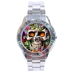 Gothic Skull With Flowers - Cute And Creepy Stainless Steel Analogue Watch by GardenOfOphir