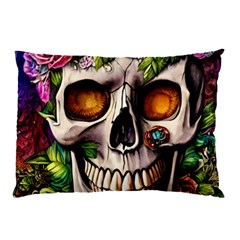 Gothic Skull With Flowers - Cute And Creepy Pillow Case (two Sides) by GardenOfOphir