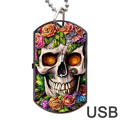 Gothic Skull With Flowers - Cute And Creepy Dog Tag Usb Flash (two Sides) by GardenOfOphir