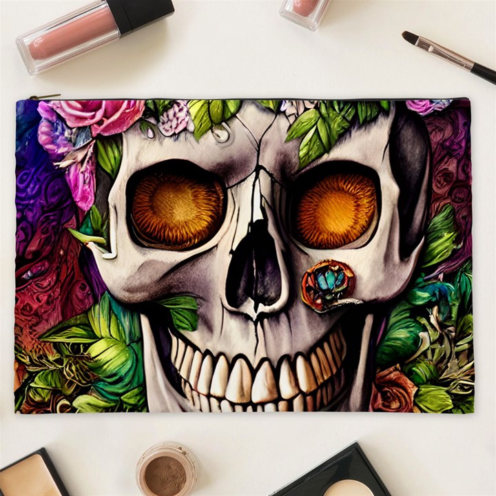 Gothic Skull With Flowers - Cute And Creepy Cosmetic Bag (XXL)