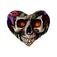 Gothic Skull With Flowers - Cute And Creepy Standard 16  Premium Heart Shape Cushions by GardenOfOphir