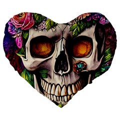 Gothic Skull With Flowers - Cute And Creepy Large 19  Premium Heart Shape Cushions by GardenOfOphir