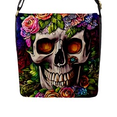 Gothic Skull With Flowers - Cute And Creepy Flap Closure Messenger Bag (l) by GardenOfOphir