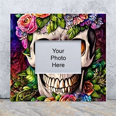 Gothic Skull With Flowers - Cute And Creepy White Wall Photo Frame 5  X 7 