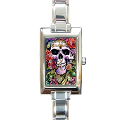 Sugar Skull With Flowers - Day Of The Dead Rectangle Italian Charm Watch by GardenOfOphir