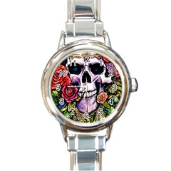 Sugar Skull With Flowers - Day Of The Dead Round Italian Charm Watch by GardenOfOphir