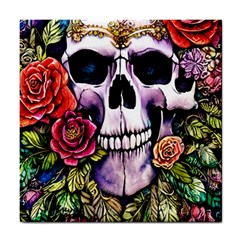 Sugar Skull With Flowers - Day Of The Dead Tile Coaster by GardenOfOphir