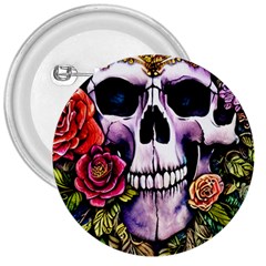 Sugar Skull With Flowers - Day Of The Dead 3  Buttons by GardenOfOphir