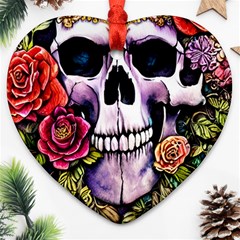 Sugar Skull With Flowers - Day Of The Dead Ornament (heart)