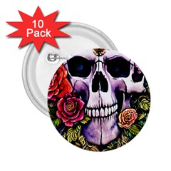 Sugar Skull With Flowers - Day Of The Dead 2 25  Buttons (10 Pack)  by GardenOfOphir