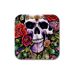 Sugar Skull With Flowers - Day Of The Dead Rubber Square Coaster (4 Pack) by GardenOfOphir