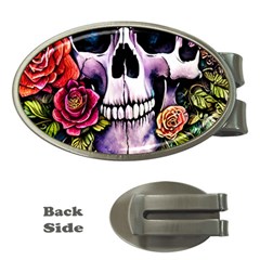 Sugar Skull With Flowers - Day Of The Dead Money Clips (oval)  by GardenOfOphir