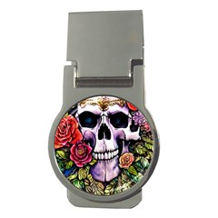 Sugar Skull With Flowers - Day Of The Dead Money Clips (round)  by GardenOfOphir