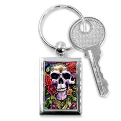 Sugar Skull With Flowers - Day Of The Dead Key Chain (rectangle) by GardenOfOphir