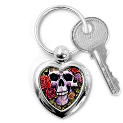 Sugar Skull With Flowers - Day Of The Dead Key Chain (heart) by GardenOfOphir