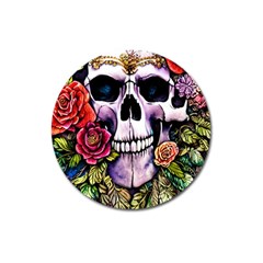 Sugar Skull With Flowers - Day Of The Dead Magnet 3  (round) by GardenOfOphir