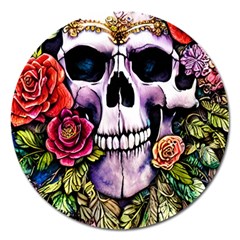 Sugar Skull With Flowers - Day Of The Dead Magnet 5  (round) by GardenOfOphir