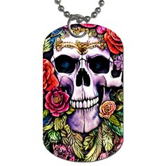 Sugar Skull With Flowers - Day Of The Dead Dog Tag (one Side) by GardenOfOphir