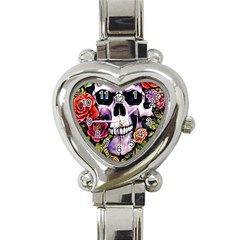 Sugar Skull With Flowers - Day Of The Dead Heart Italian Charm Watch by GardenOfOphir