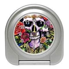 Sugar Skull With Flowers - Day Of The Dead Travel Alarm Clock by GardenOfOphir