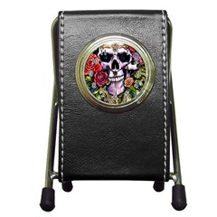 Sugar Skull With Flowers - Day Of The Dead Pen Holder Desk Clock by GardenOfOphir