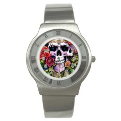 Sugar Skull With Flowers - Day Of The Dead Stainless Steel Watch by GardenOfOphir