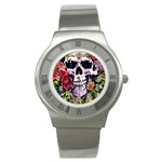 Sugar Skull With Flowers - Day Of The Dead Stainless Steel Watch Front