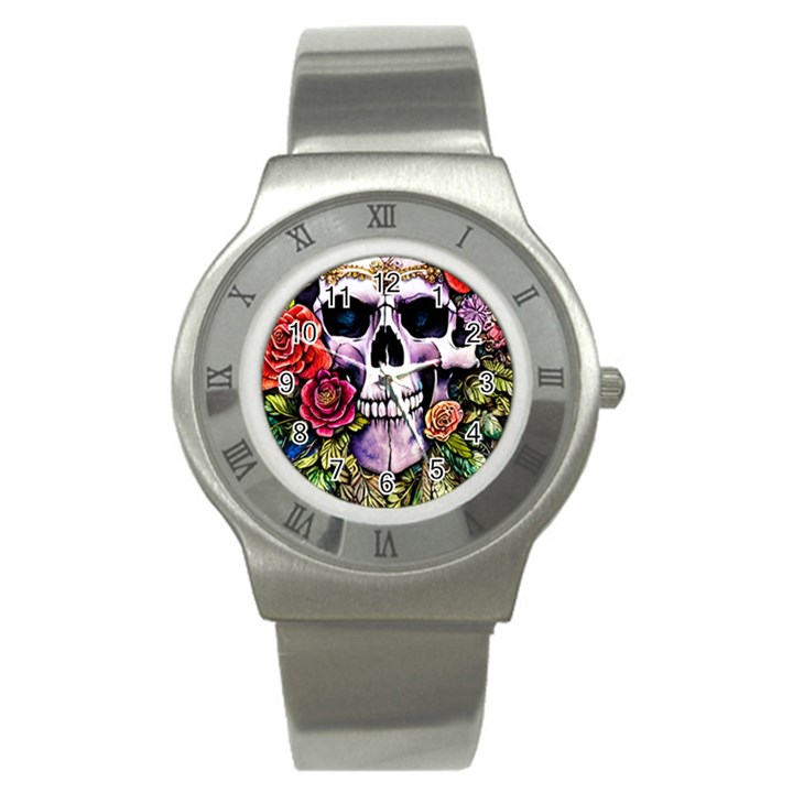 Sugar Skull With Flowers - Day Of The Dead Stainless Steel Watch