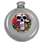 Sugar Skull With Flowers - Day Of The Dead Round Hip Flask (5 oz) Front