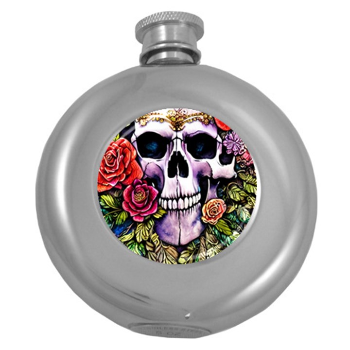 Sugar Skull With Flowers - Day Of The Dead Round Hip Flask (5 oz)