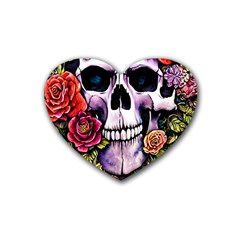 Sugar Skull With Flowers - Day Of The Dead Rubber Coaster (heart) by GardenOfOphir