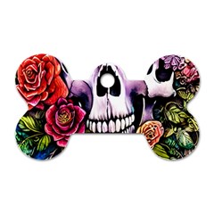 Sugar Skull With Flowers - Day Of The Dead Dog Tag Bone (two Sides) by GardenOfOphir