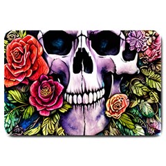 Sugar Skull With Flowers - Day Of The Dead Large Doormat by GardenOfOphir