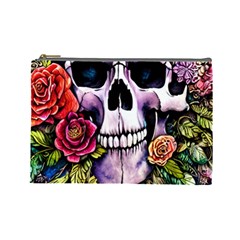 Sugar Skull With Flowers - Day Of The Dead Cosmetic Bag (large) by GardenOfOphir