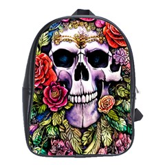 Sugar Skull With Flowers - Day Of The Dead School Bag (large) by GardenOfOphir