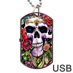 Sugar Skull With Flowers - Day Of The Dead Dog Tag Usb Flash (two Sides) by GardenOfOphir