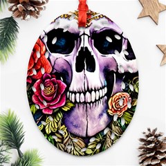 Sugar Skull With Flowers - Day Of The Dead Ornament (oval Filigree)