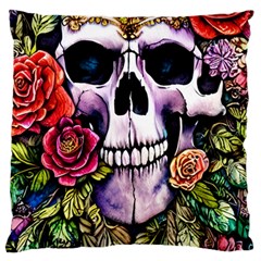 Sugar Skull With Flowers - Day Of The Dead Large Cushion Case (two Sides) by GardenOfOphir