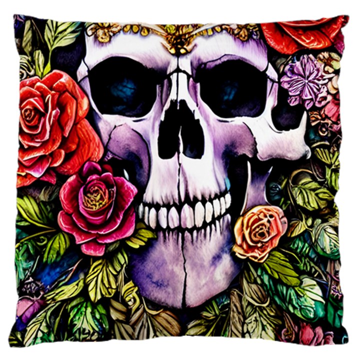 Sugar Skull With Flowers - Day Of The Dead Large Cushion Case (Two Sides)