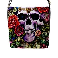 Sugar Skull With Flowers - Day Of The Dead Flap Closure Messenger Bag (l) by GardenOfOphir