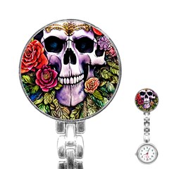 Sugar Skull With Flowers - Day Of The Dead Stainless Steel Nurses Watch by GardenOfOphir